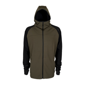 Spika men's microfleece zip-through hoodie in Olive Summit, front view with black sleeves
