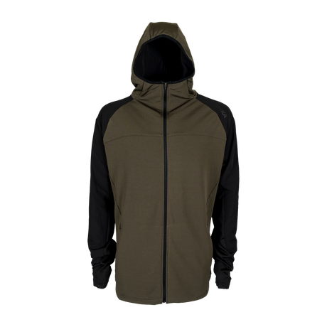 Spika men's microfleece zip-through hoodie in Olive Summit, front view with black sleeves