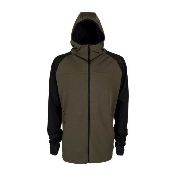 Spika men's microfleece zip-through hoodie in Olive Summit, front view with black sleeves