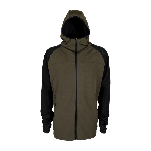 Spika men's microfleece zip-through hoodie in Olive Summit, front view with black sleeves