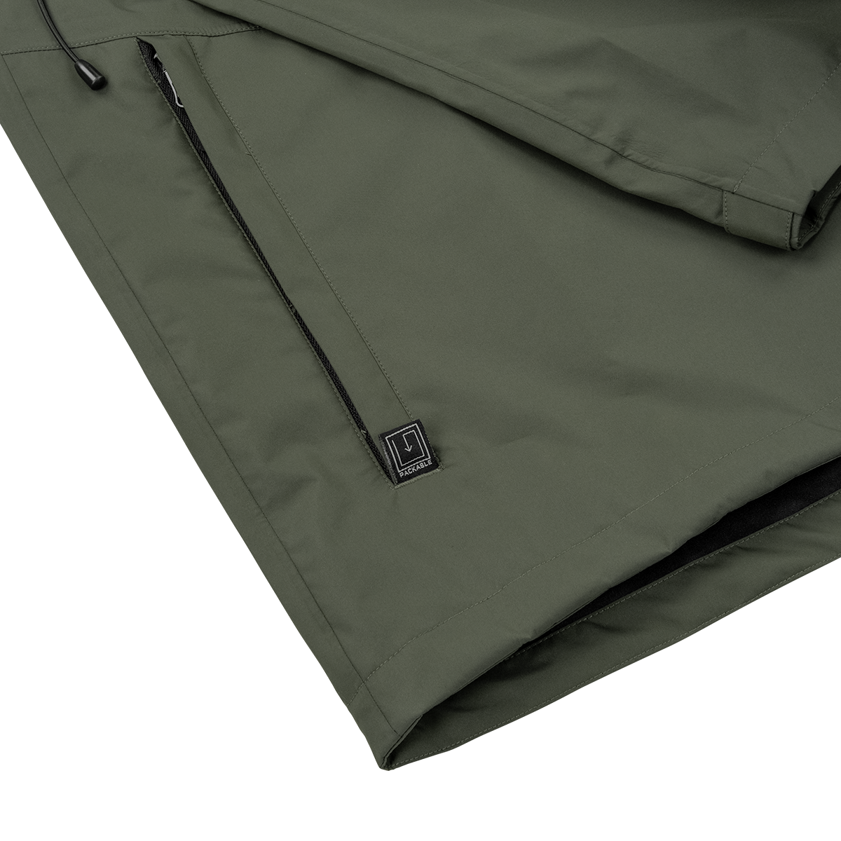 Spika Scout men's jacket in Olive, close-up of the zipped lower pocket and hem logo tab