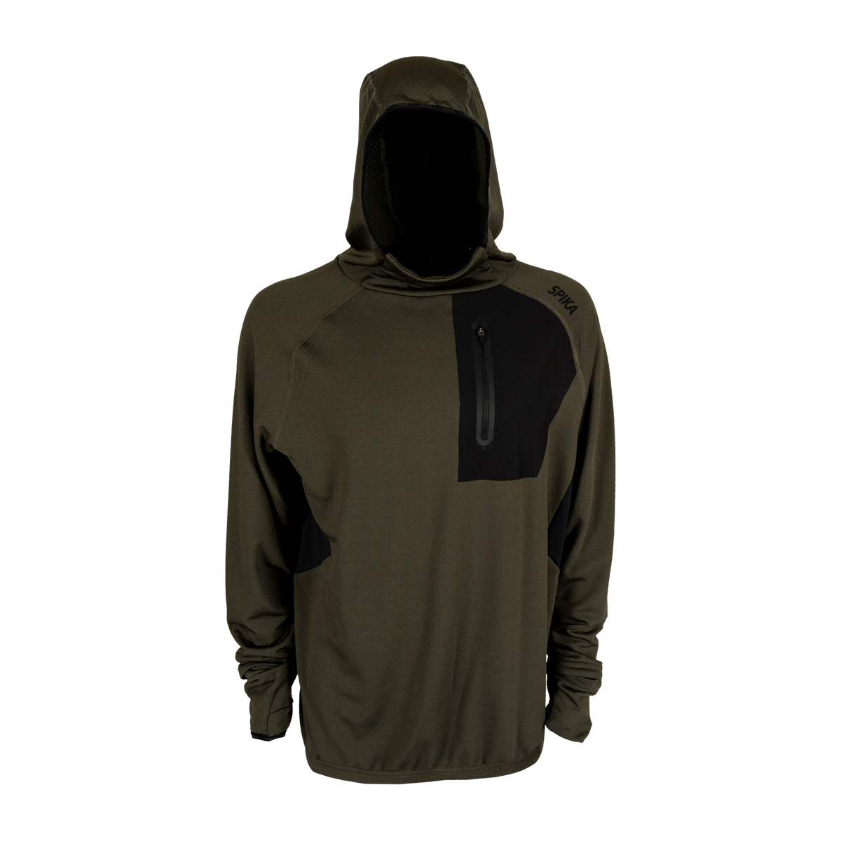 Spika men's microfleece hoodie in Olive Summit, front view with black zip chest pocket panel