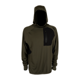 Spika men's microfleece hoodie in Olive Summit, front view with black zip chest pocket panel