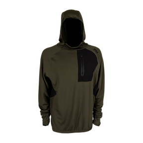 Spika men's microfleece hoodie in Olive Summit, front view with black zip chest pocket panel