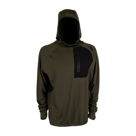 Spika men's microfleece hoodie in Olive Summit, front view with black zip chest pocket panel