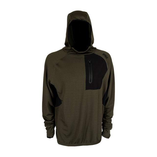 Spika men's microfleece hoodie in Olive Summit, front view with black zip chest pocket panel