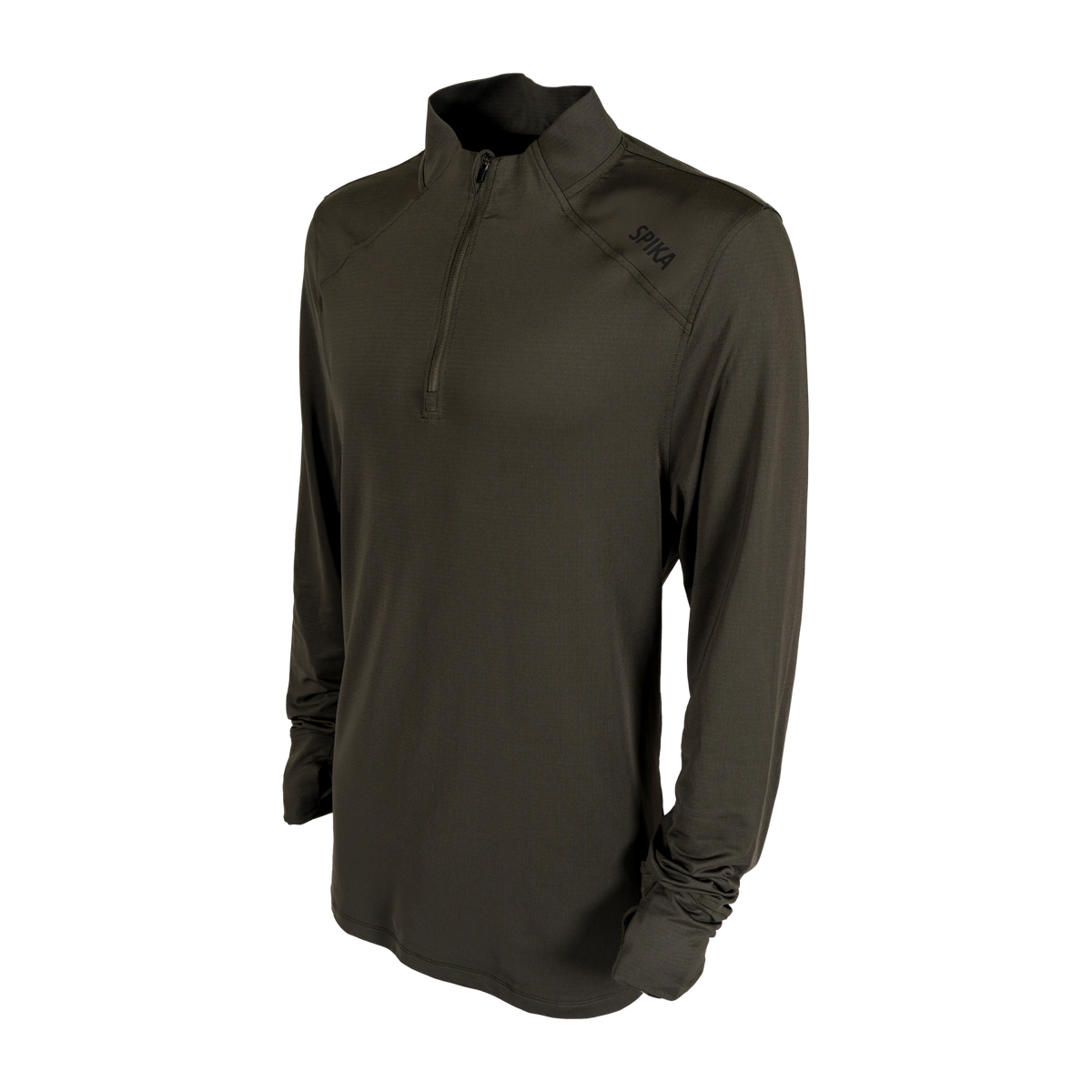 Spika Enduro men's Olive Summit quarter-zip top, three-quarter view with tonal shoulder logo