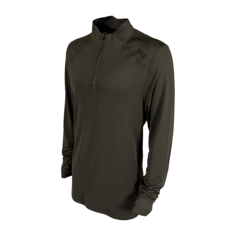 Spika Enduro men's Olive Summit quarter-zip top, three-quarter view with tonal shoulder logo