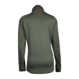 Spika Gridfleece women's half-zip top in Olive, back view with orange Spika tab at the collar