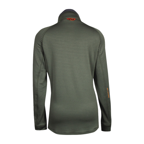 Spika Gridfleece women's half-zip top in Olive, back view with orange Spika tab at the collar