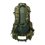 Spika Drover II Pro Pack 35L in Biarri Camo, rear view of mesh back panel, harness and padded hip belt