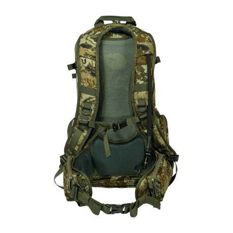 Spika Drover II Pro Pack 35L in Biarri Camo, rear view of mesh back panel, harness and padded hip belt