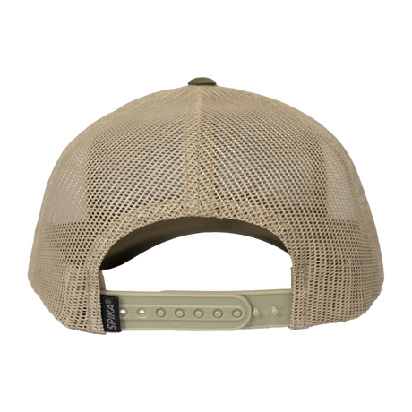 Spika Urban Waypoint trucker cap in Olive/Tan, rear view of tan mesh and snapback strap