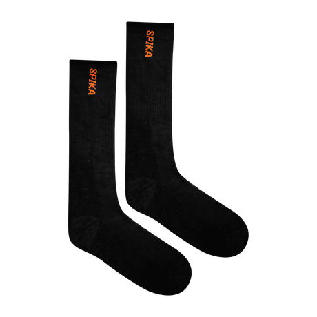 Spika black crew socks with orange Spika branding, pair included in the men's 6 Piece Box Pack