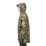 Model wearing the Spika Buckland men's Biarri Camo jacket with hood up, side profile view
