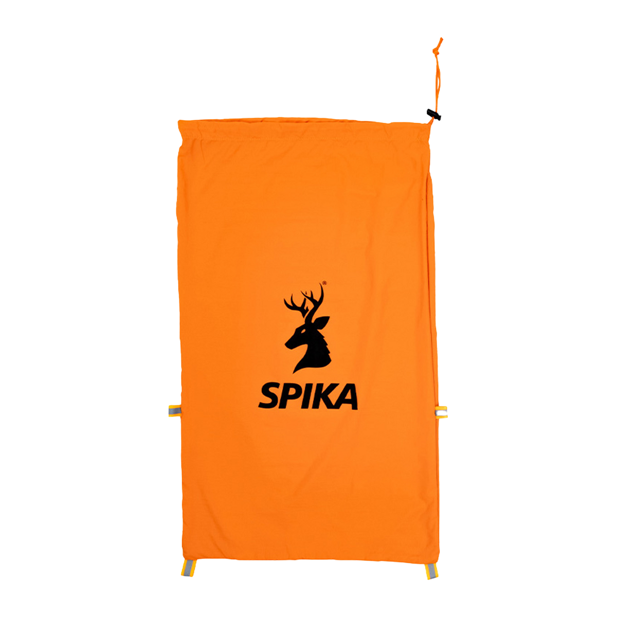 Spika Drover small meat bag in blaze orange laid flat, showing drawstring top and stag logo print