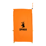 Spika Drover small meat bag in blaze orange laid flat, showing drawstring top and stag logo print