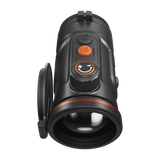 ThermTec Hunt Pro 650 thermal clip-on, top view of rotary dial and buttons with large lens cap open