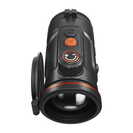 ThermTec Hunt Pro 650 thermal clip-on, top view of rotary dial and buttons with large lens cap open