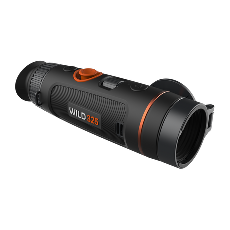 ThermTec Wild 325 thermal monocular, front three-quarter view with lens cap open and Wild 325 badge