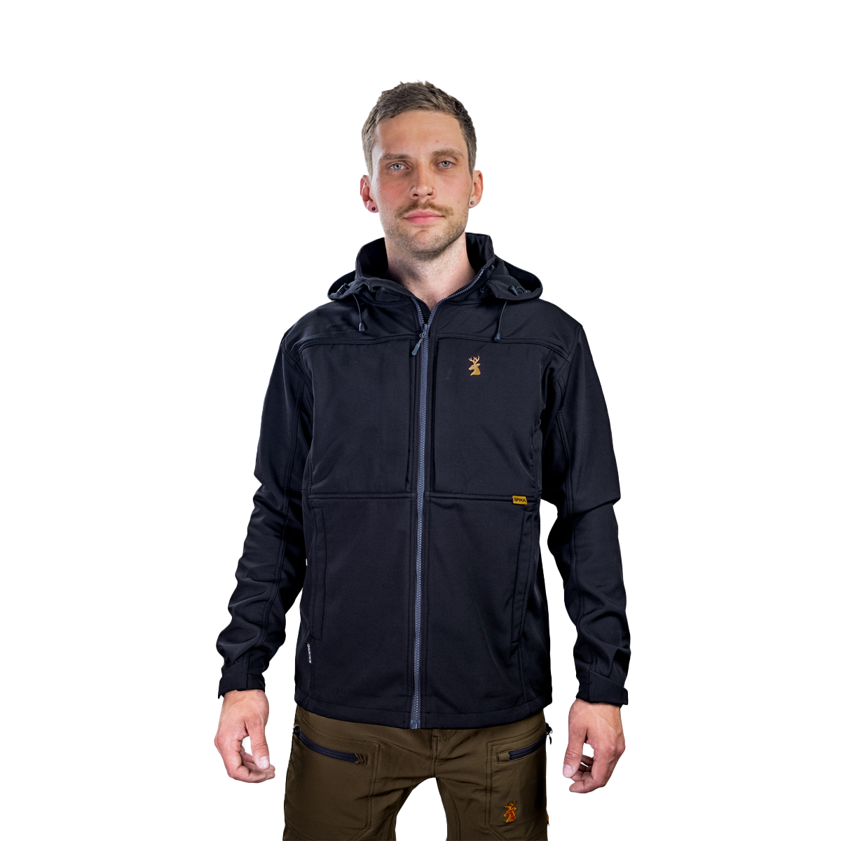 Man wearing the Spika GO men's softshell jacket in Black, front view zipped with hood down
