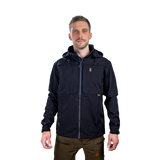 Man wearing the Spika GO men's softshell jacket in Black, front view zipped with hood down