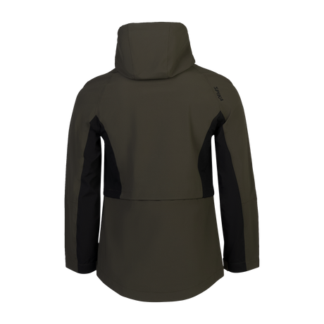 Spika Reign women's hooded jacket in Olive Summit/Black, back view with hood and side panels