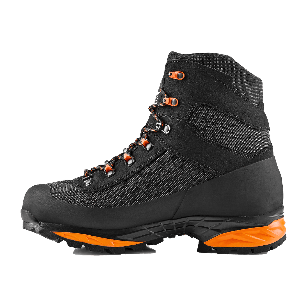 Zamberlan 3034 Seiland GTX RR men's hiking boot in black and orange, inner side profile showing lacing and rubber rand