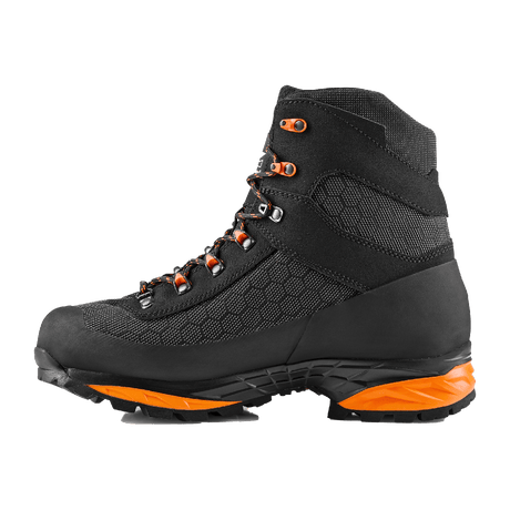 Zamberlan 3034 Seiland GTX RR men's hiking boot in black and orange, inner side profile showing lacing and rubber rand
