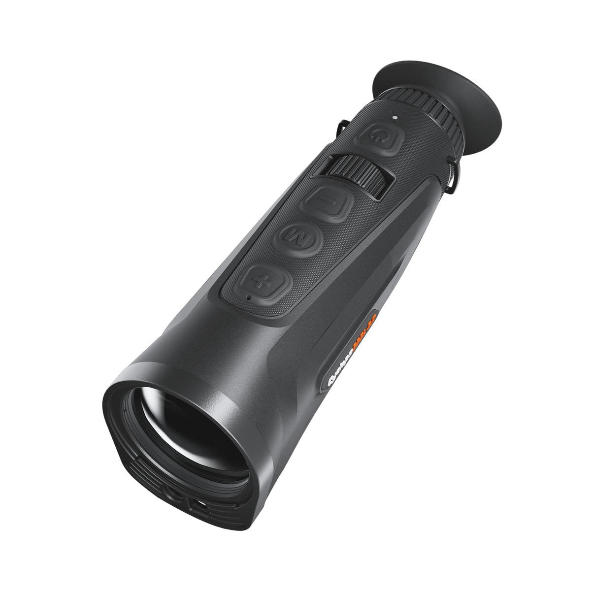 ThermTec Cyclops 335L 3.0 thermal monocular, elevated front view of objective lens and control buttons