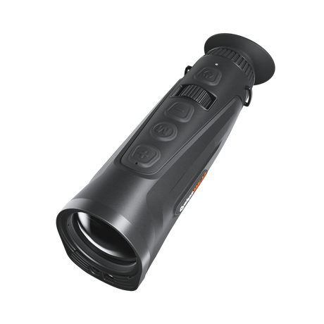 ThermTec Cyclops 335L 3.0 thermal monocular, elevated front view of objective lens and control buttons