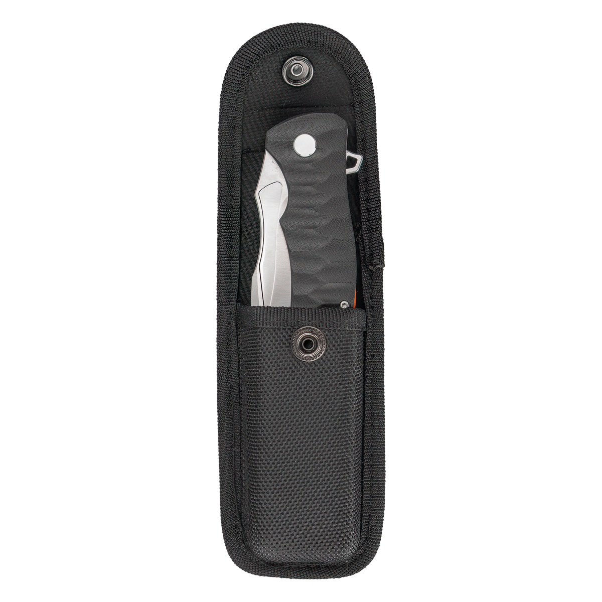 Spika Bushmaster Viper folding knife sitting in its open black nylon belt pouch, flap lifted