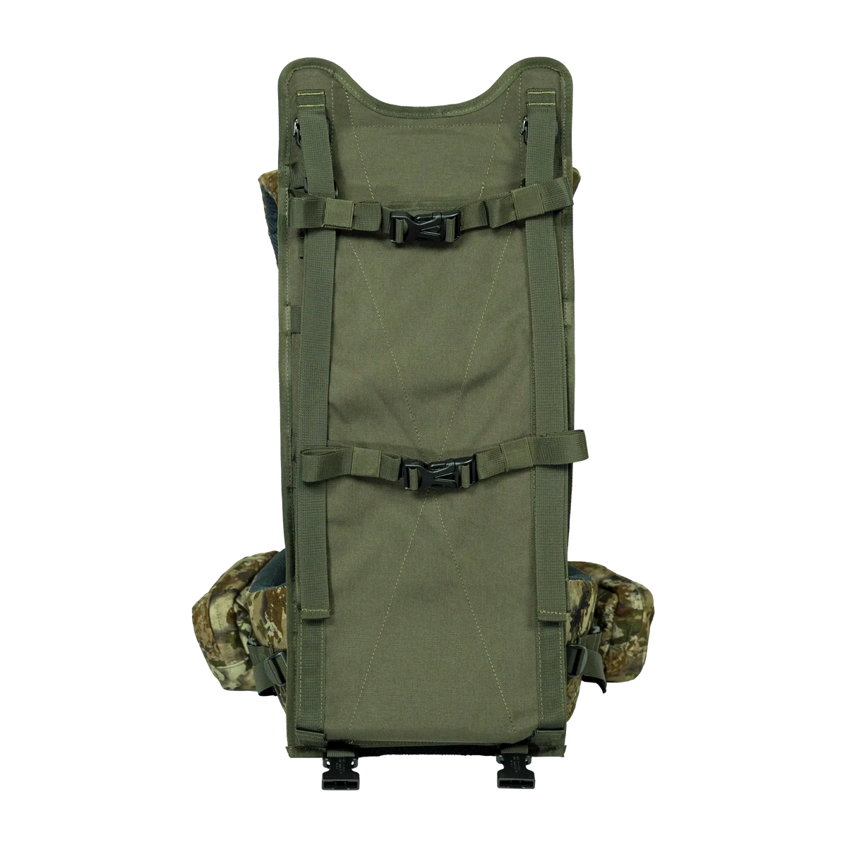 Spika Drover II Hauler frame in Biarri Camo, front load face with compression straps, pack removed