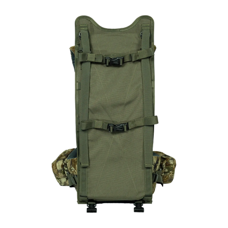 Spika Drover II Hauler frame in Biarri Camo, front load face with compression straps, pack removed