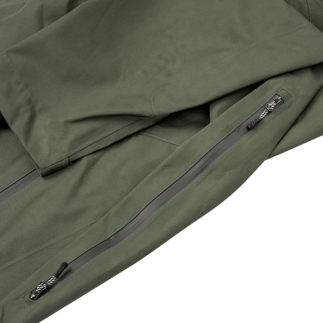 Spika Edge men's Olive jacket close-up of the sealed zip hem pocket and sleeve
