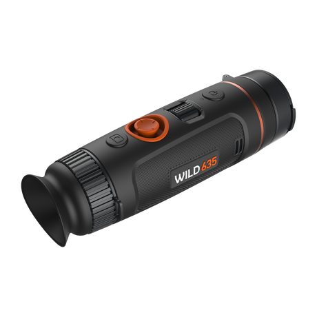 ThermTec Wild 635 thermal monocular, rear three-quarter view of eyecup, focus ring and controls
