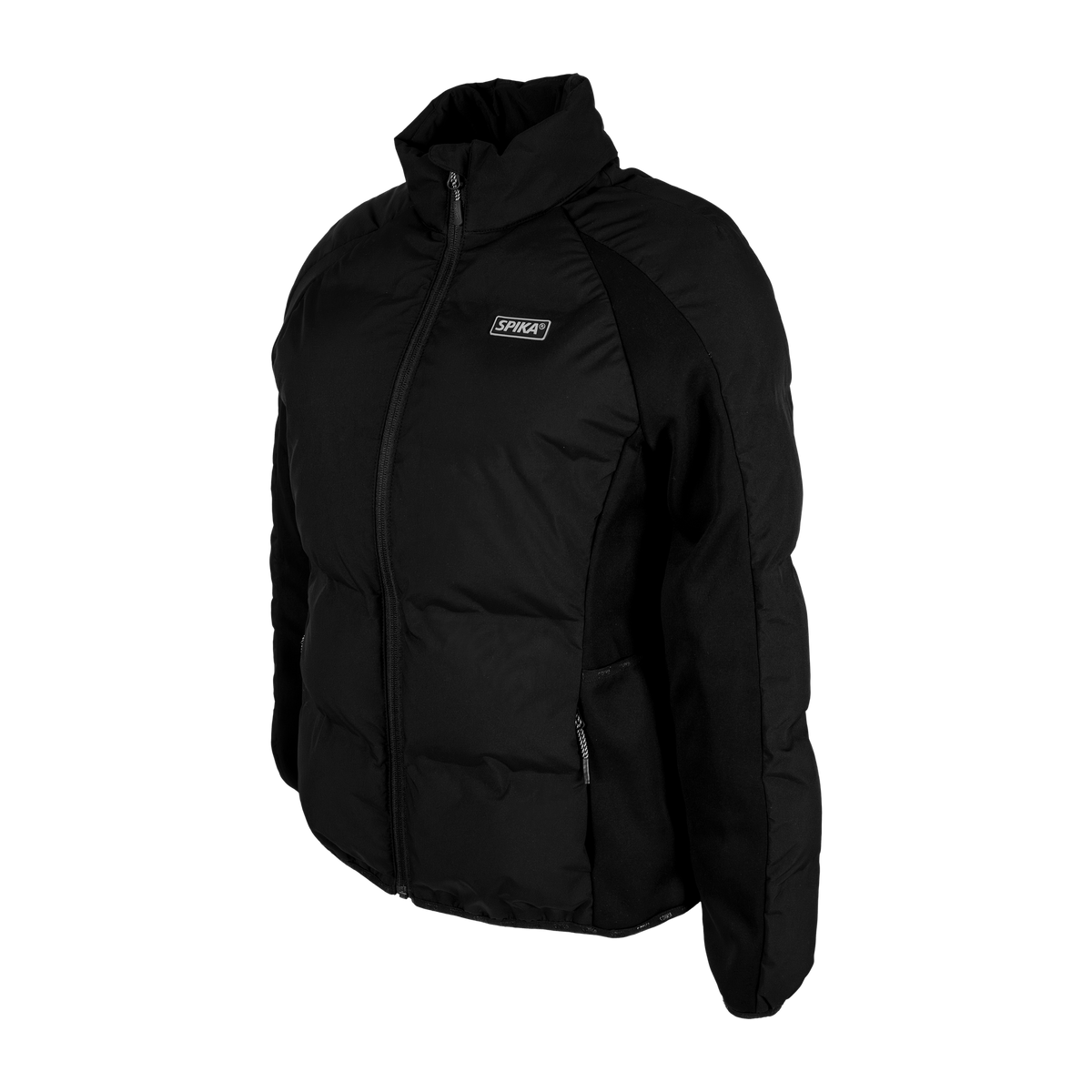 Spika GO Chase X women's black jacket, three-quarter view showing fitted quilted body and chest badge