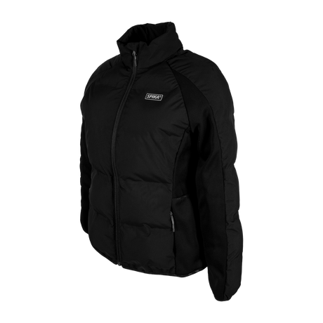 Spika GO Chase X women's black jacket, three-quarter view showing fitted quilted body and chest badge