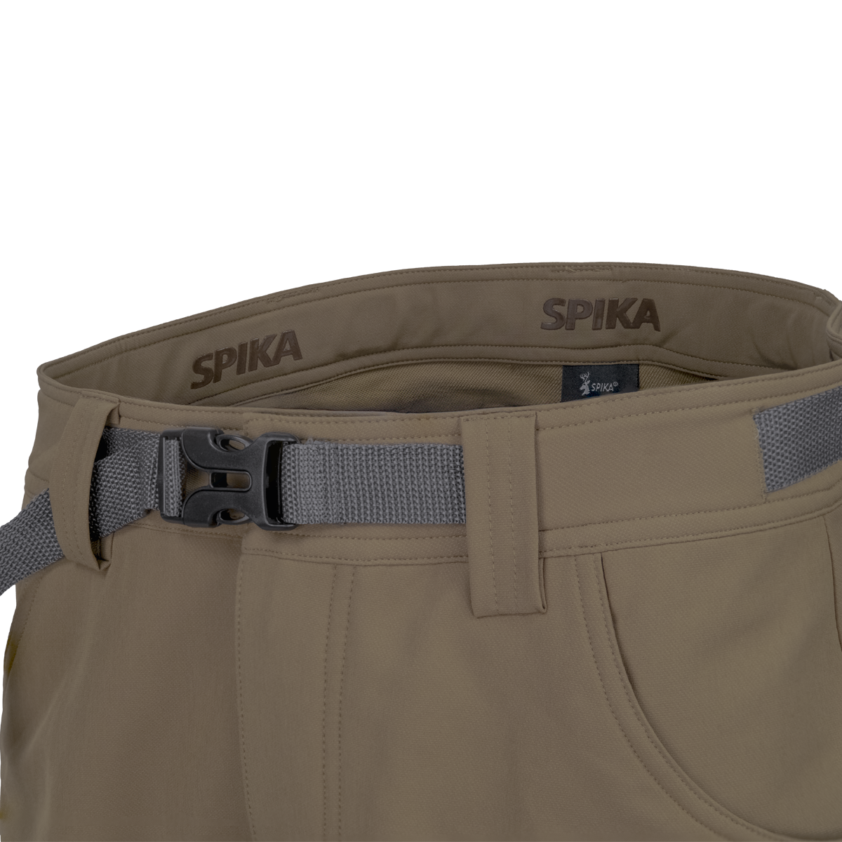Spika Recon men's pants in Tan, close-up of Spika-branded waistband with grey webbing belt