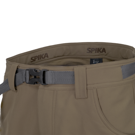 Spika Recon men's pants in Tan, close-up of Spika-branded waistband with grey webbing belt