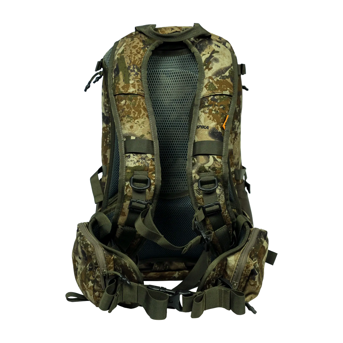 Spika Drover II Pro Pack 25L in Biarri Camo, rear view of mesh back panel, harness and padded hip belt