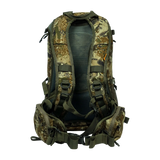 Spika Drover II Pro Pack 25L in Biarri Camo, rear view of mesh back panel, harness and padded hip belt