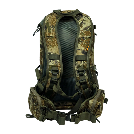 Spika Drover II Pro Pack 25L in Biarri Camo, rear view of mesh back panel, harness and padded hip belt