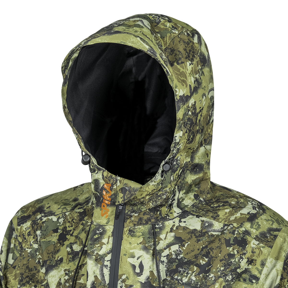 Spika Scout men's jacket in Biarri Camo, close-up of the adjustable hood with toggles