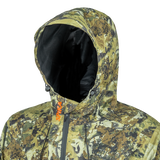 Spika Scout men's jacket in Biarri Camo, close-up of the adjustable hood with toggles