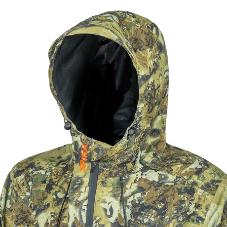 Spika Scout men's jacket in Biarri Camo, close-up of the adjustable hood with toggles