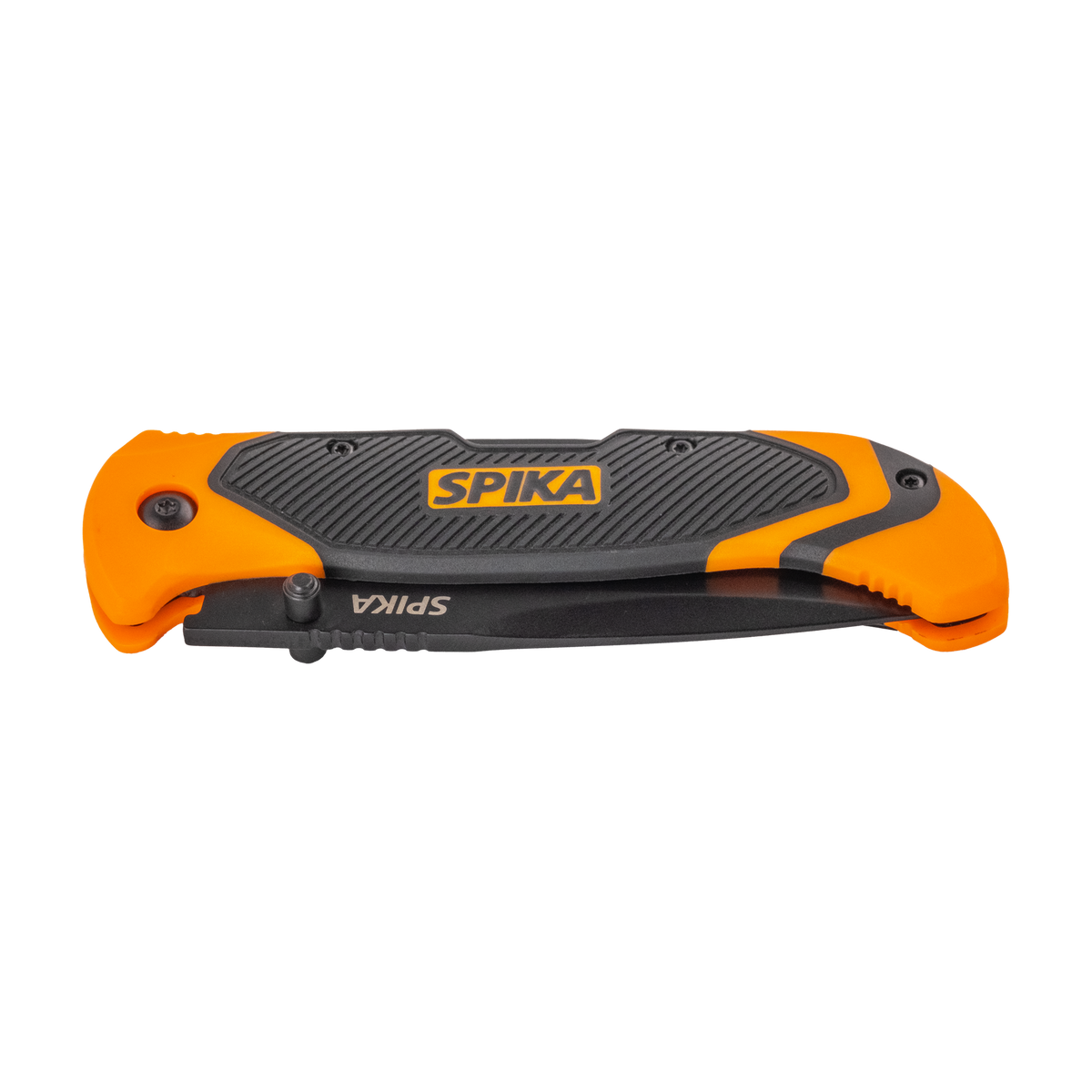 Spika Challenger lock back folding knife closed, front of orange and grey handle with Spika logo