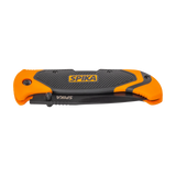 Spika Challenger lock back folding knife closed, front of orange and grey handle with Spika logo