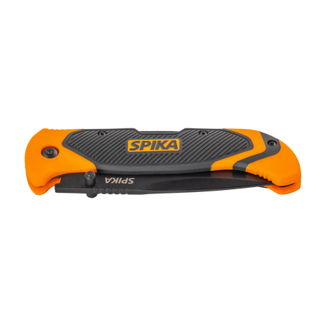Spika Challenger lock back folding knife closed, front of orange and grey handle with Spika logo