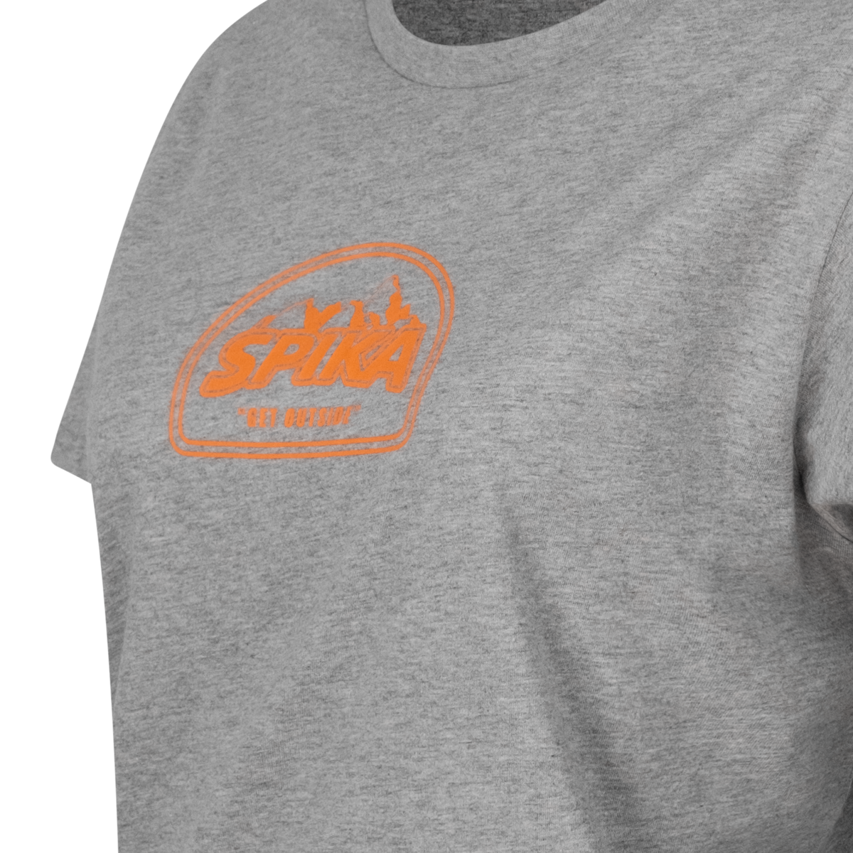 Close-up of the orange mountain SPIKA badge print on the Spika GO Mountain women's grey T-shirt
